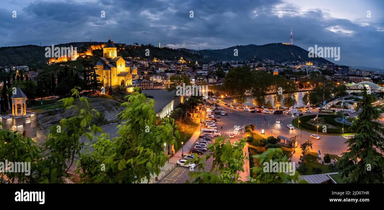 Panoramic view of city center at dusk. Tbilisi, Georgia. Stock Photo