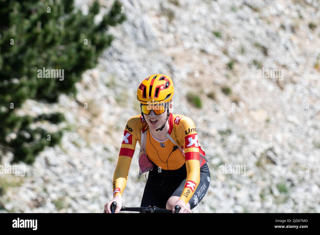 Sindre Kulset (Uno-x pro cycling team) seen in action three kilometers from the finish line. The 4th edition of the CIC - Mont Ventoux Dénivelé Challenges is part of the UCI Europe Tour 2022 calendar in category 1.1. Starting from Vaison la Romaine, the distance to be covered is 154 kilometers of race with a double ascent of Mont Ventoux with a summit finish. Ruben Guerreiro (EF-Education EasyPost) won the Mont Ventoux Dénivelé Challenges solo ahead of teammate Esteban Chaves (EF-Education EasyPost) and Michael Storer (Groupama-FDJ) in third. (Photo by Laurent Coust/SOPA Images/Sipa USA) Stock Photo