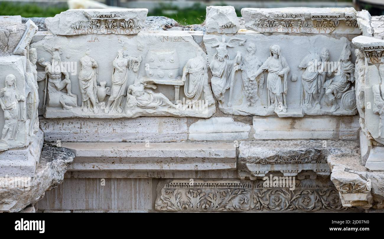 Marble carvings of Roman period in the ruins of the Hierapolis. Pamukkale, Türkiye. Stock Photo