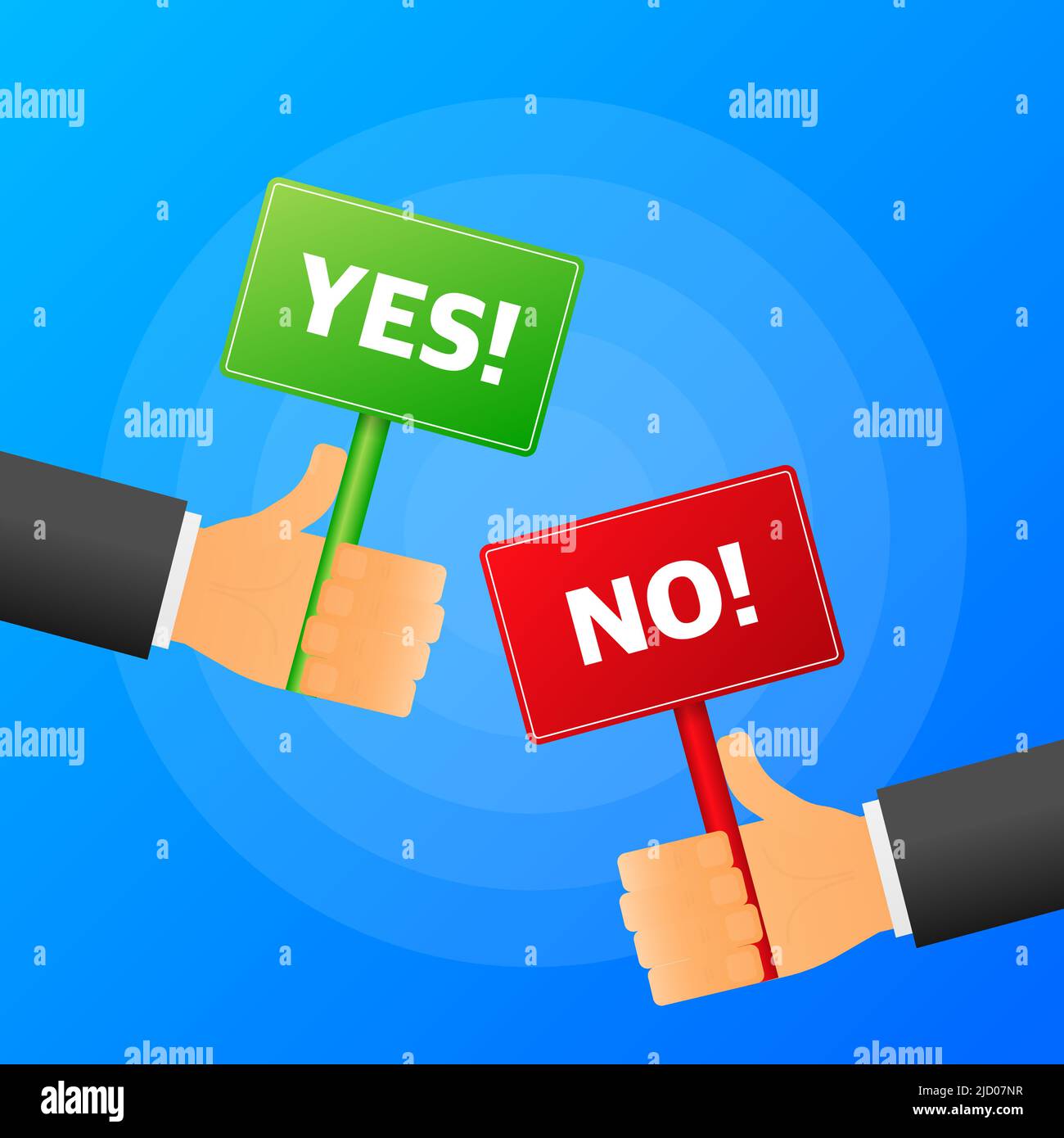 Hand holds Yes or no realistic red and green table on blue background. Vector illustration. Stock Vector