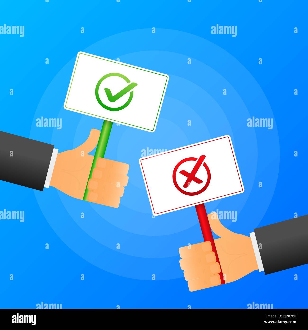 Hand holds Yes or No sign realistic red and green table on blue background. Vector illustration. Stock Vector