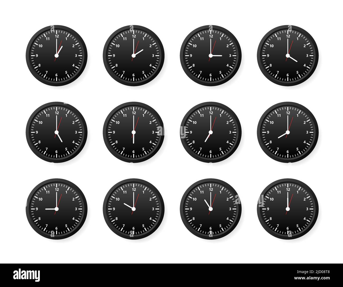 Realistic office clock. Wall round watches with time arrows and clock