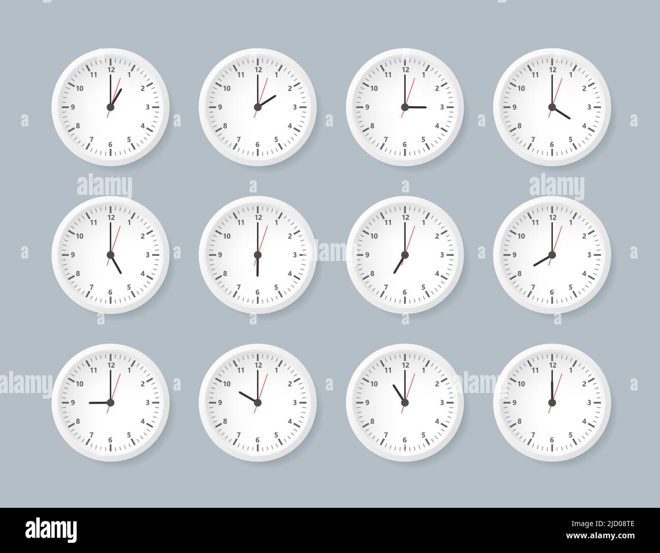 Realistic office clock. Wall round watches with time arrows and clock