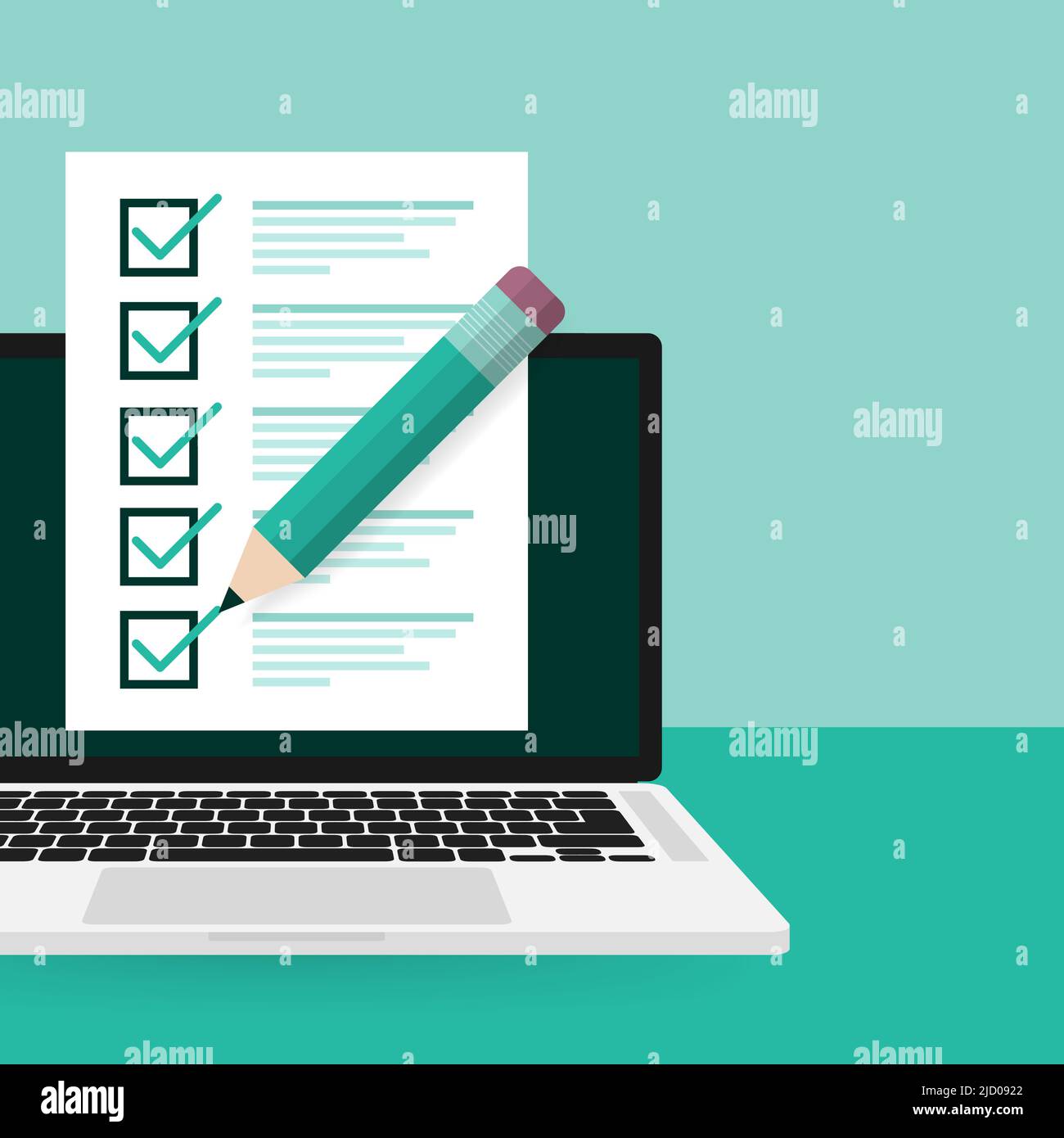 Line survey laptop in flat style green background. Vector icon. Vector flat. Line icon. Computer screen. Stock Vector