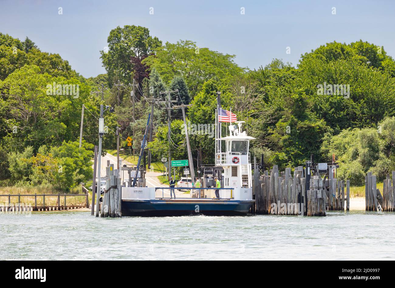 Shelter Island South ferry, Sunrise in dock at North Haven, NY Stock Photo