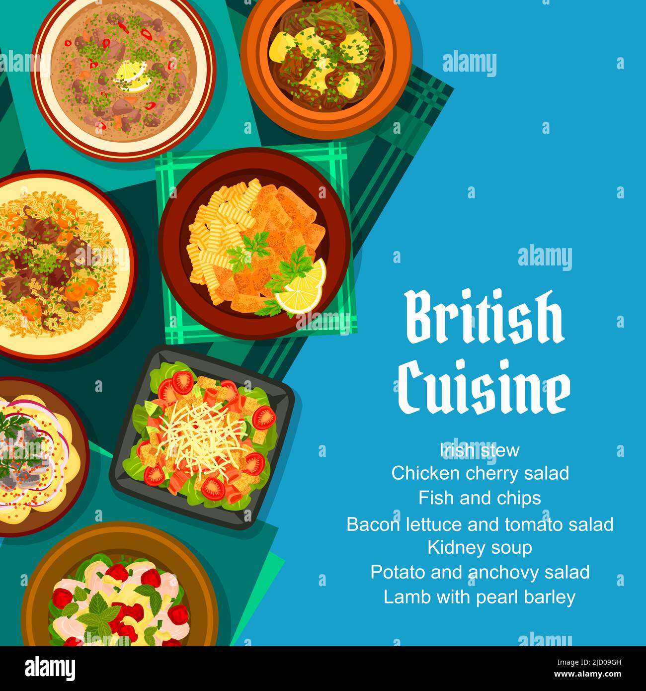British cuisine menu cover. Potato and anchovy salad, fish with chips and lamb with pearl barley, kidney soup, Irish stew and tomato salad with bacon lettuce, chicken cherry salad Stock Vector