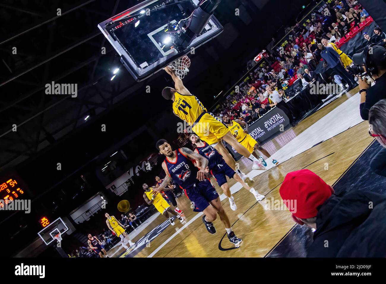 Edmonton's #14 Brody Clarke (forward) seen during the Canadian Elite Basketball League game between Fraser Valley Bandits and The Edmonton Stingers at Edmonton Expo Centre. (Final score; Fraser Valley Bandits 84:81Edmonton Stingers). Stock Photo