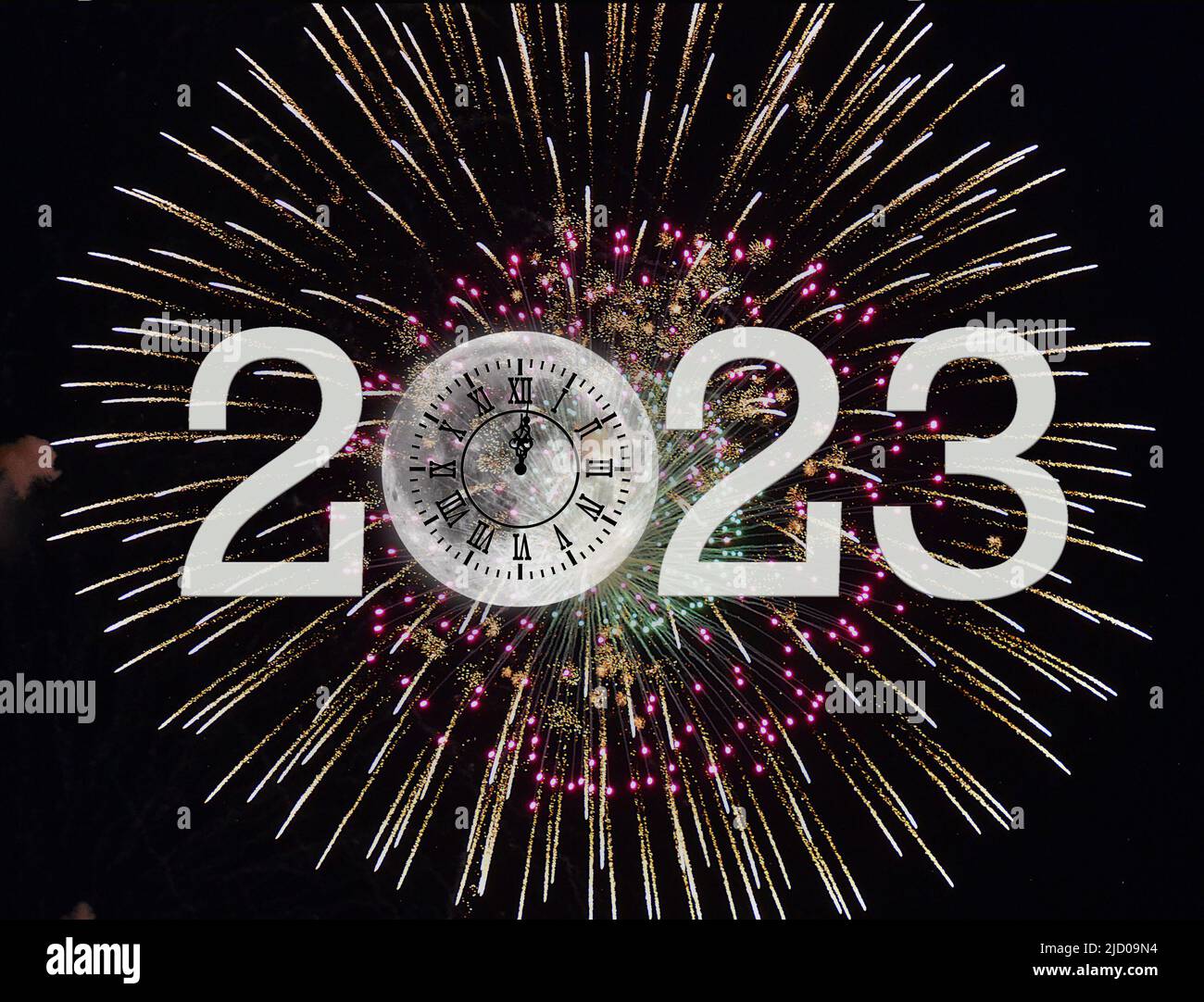 New year 2023 moon with midnight clock and fireworks on black Stock Photo