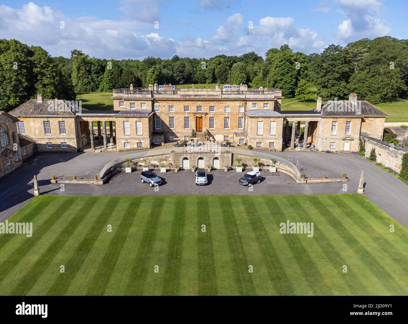 Aerial drone images of Bramham Park, Yorkshire, home of the Lane Fox family and venue for the Bramham International Horse Trials and Leeds Festival, June 2022. Stock Photo