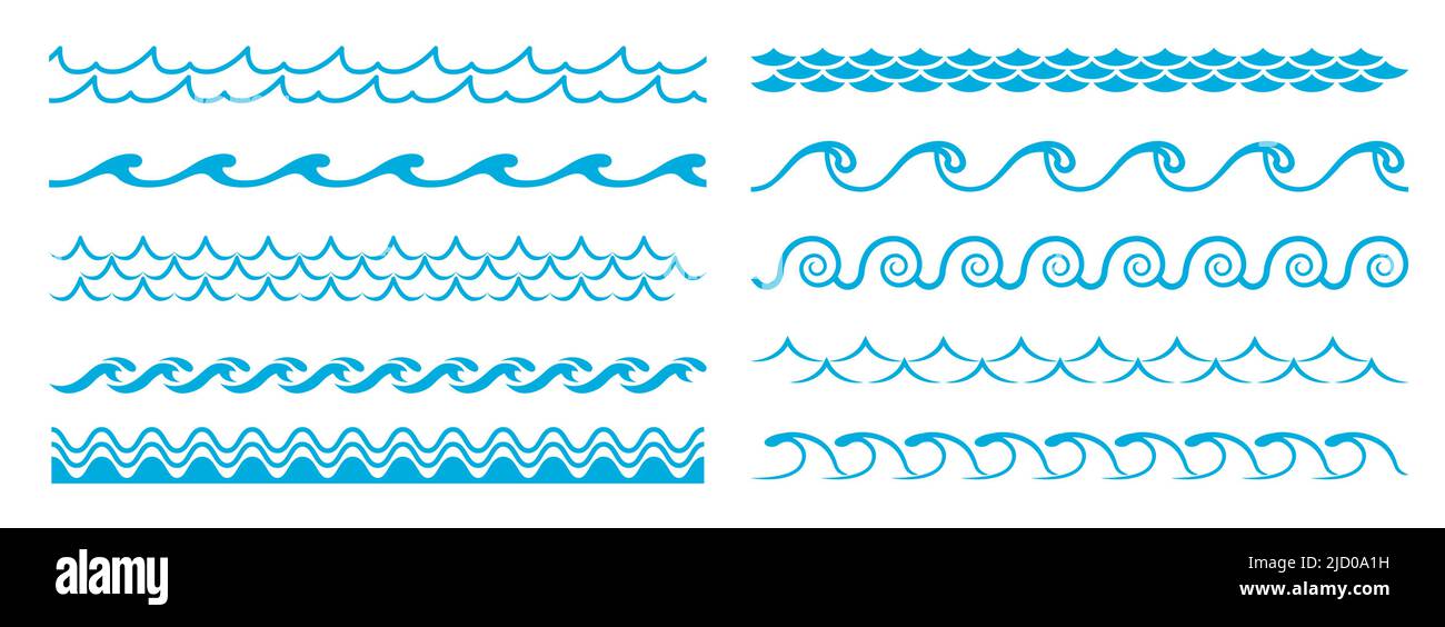Ocean blue wave line, water pattern borders and frames. Vector sea wave