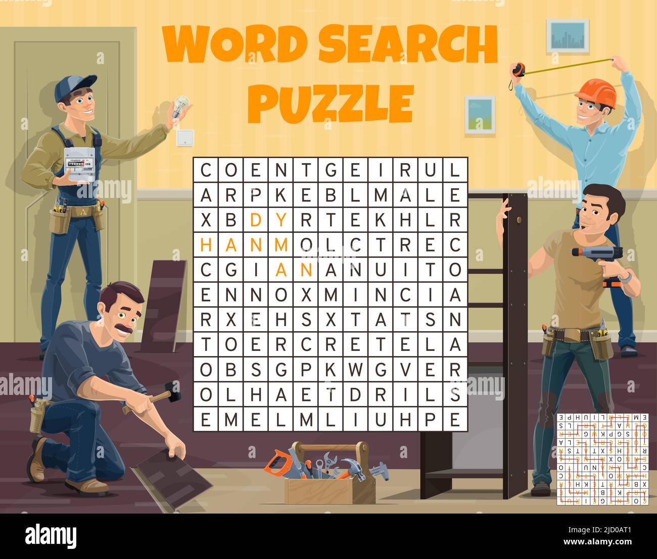 Electrician engineer, worker and builder word search puzzle, vector