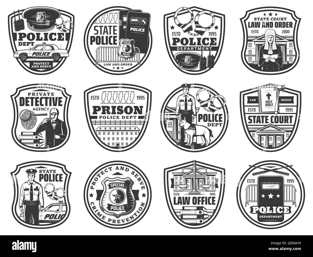 Law and order vector icons police, law office and private detective. Prison, court and officer with dog, jail and judge, sheriff badge, policeman cap and scale of justice, handcuffs and car labels set Stock Vector