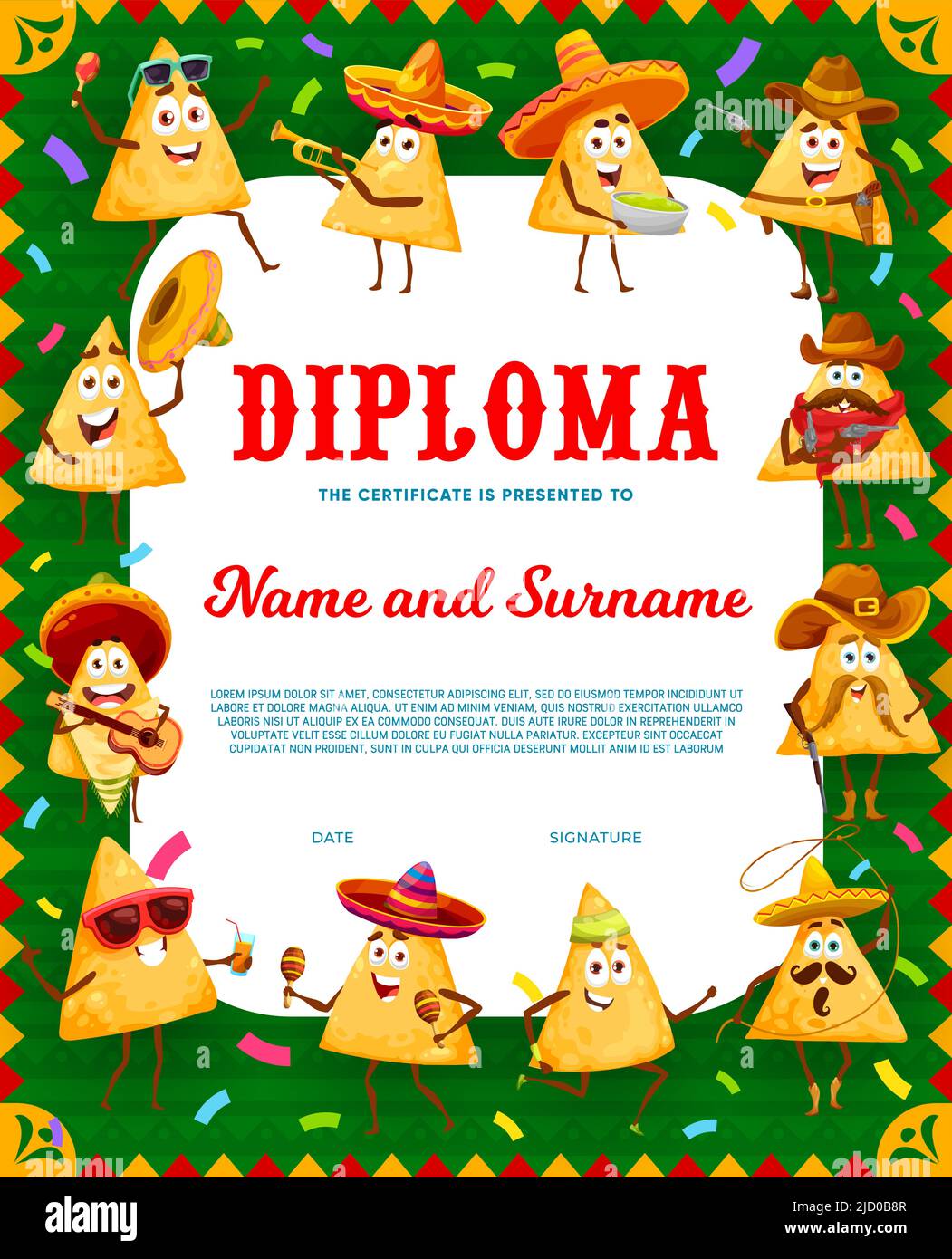 Kids diploma, cartoon Mexican nachos chips characters, vector certificate award. School appreciation diploma or kindergarten certificate with funny nachos in Mexican sombrero with guitar and guacamole Stock Vector