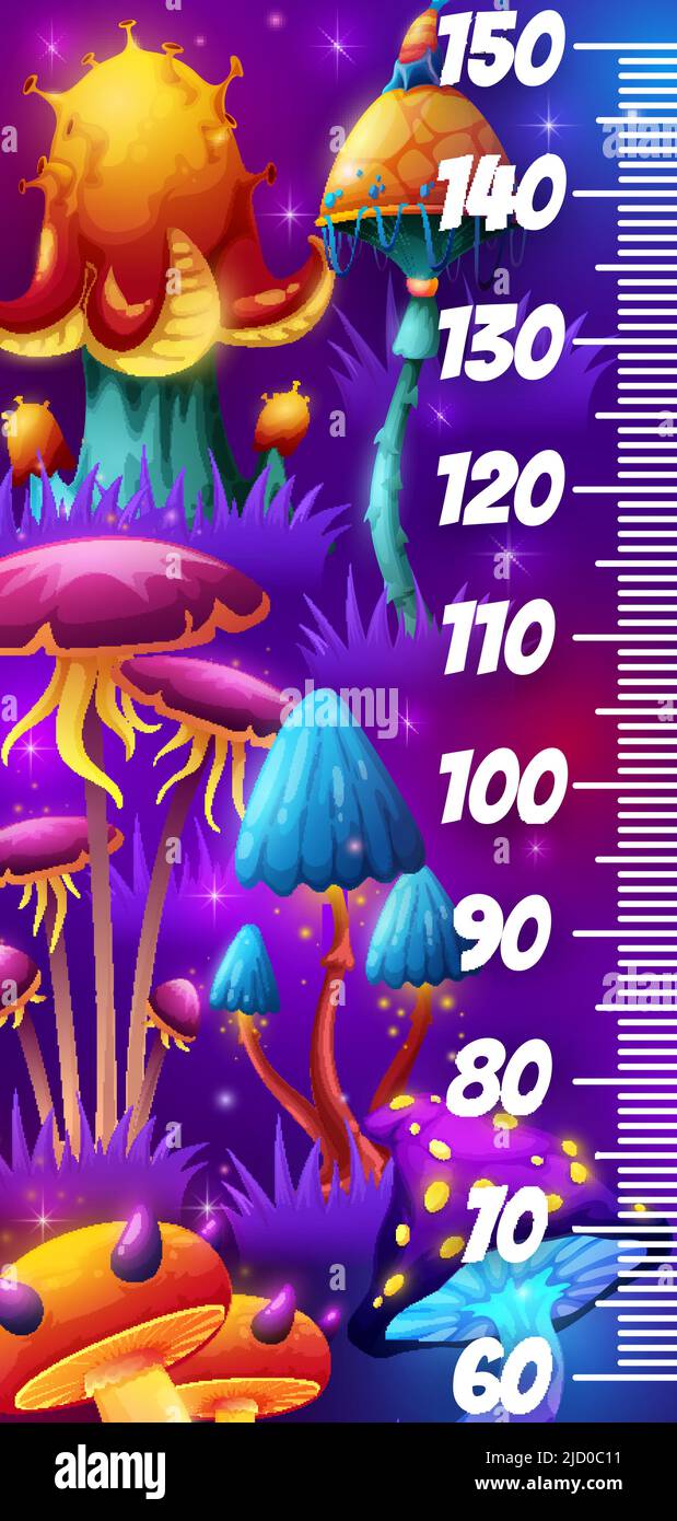Magic mushrooms in fairy forest kids height chart. Vector growth measure meter with cartoon glowing toadstools. Measurement scale for children with fantasy fairytale world or alien funny fungi plants Stock Vector