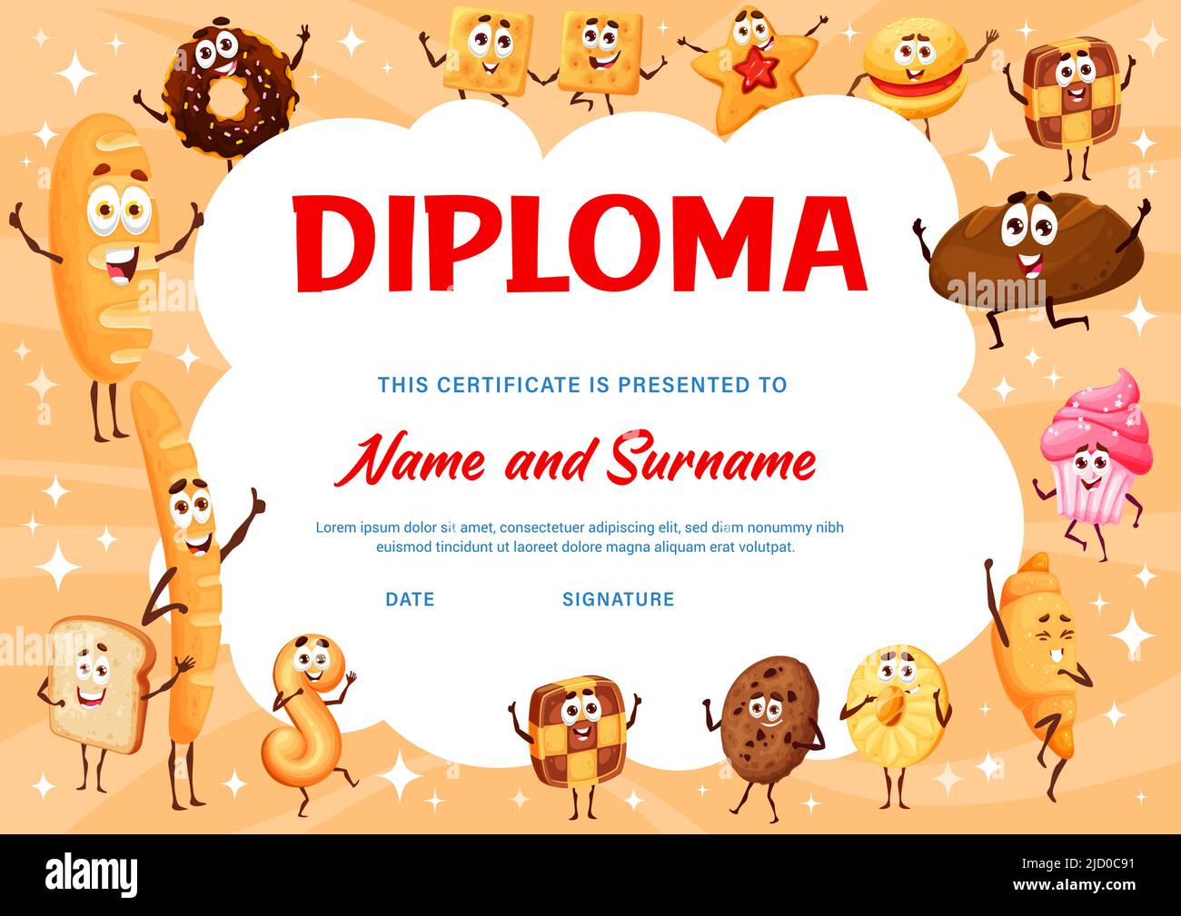 Kids diploma, cartoon bakery and cookies characters, vector certificate appreciation award. School or kindergarten children diploma award with funny croissant, bagel and pastry baguette with cupcake Stock Vector Image & Art - Kids diploma, cartoon bakery and cookies characters, vector certificate appreciation award. School or kindergarten children diploma award with funny croissant, bagel and pastry baguette with cupcake Stock Vector Image & Art -