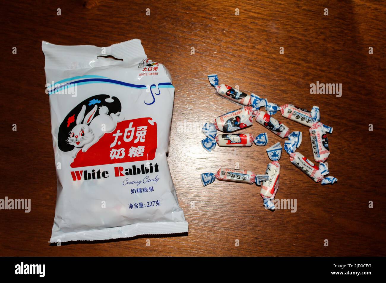 Top view of White Rabbit Creamy Candy which is a brand of milk candy manufactured by Shanghai Guan Sheng Yuan Food, Ltd., in China. Famous candy. Stock Photo