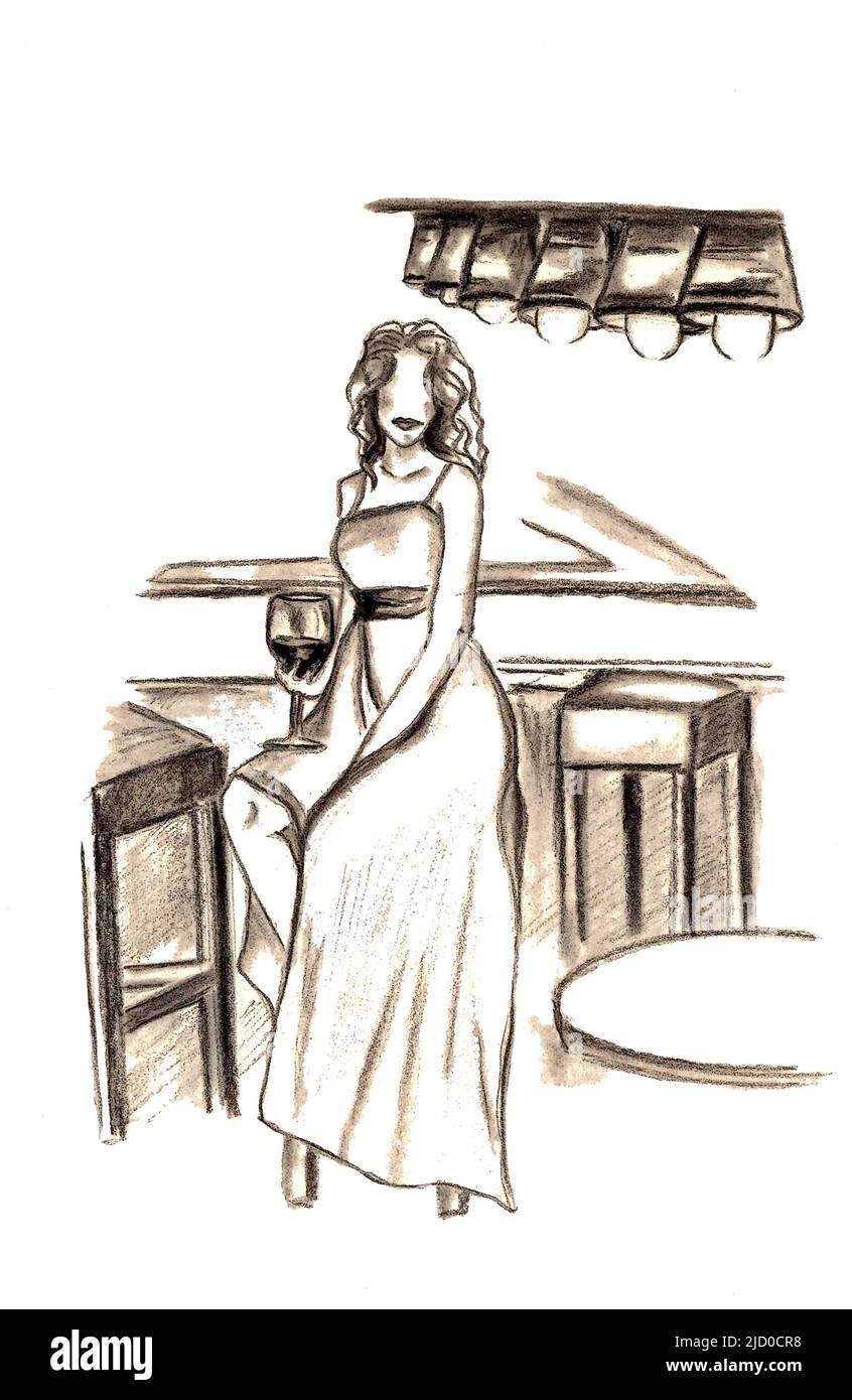 Hand drawn Pencil sketch of a girl in a long dress with a glass of wine sitting on a bar stool. Woman without a face sitting at the bar. Mockap for Stock Photo