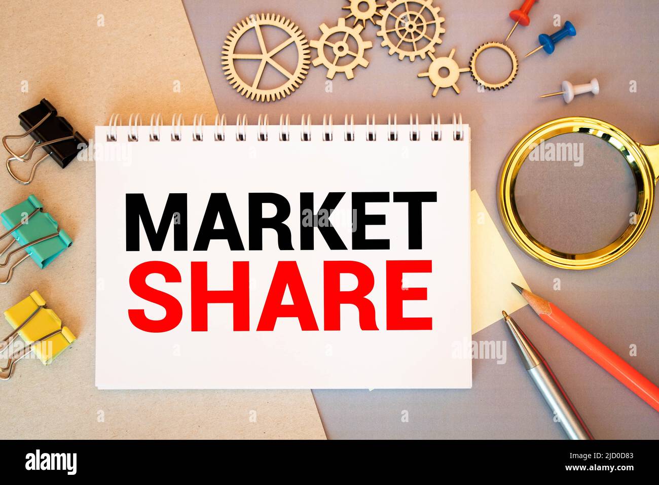Increase market share for your company. Businessman plan market share growth represented by arrow. Stock Photo