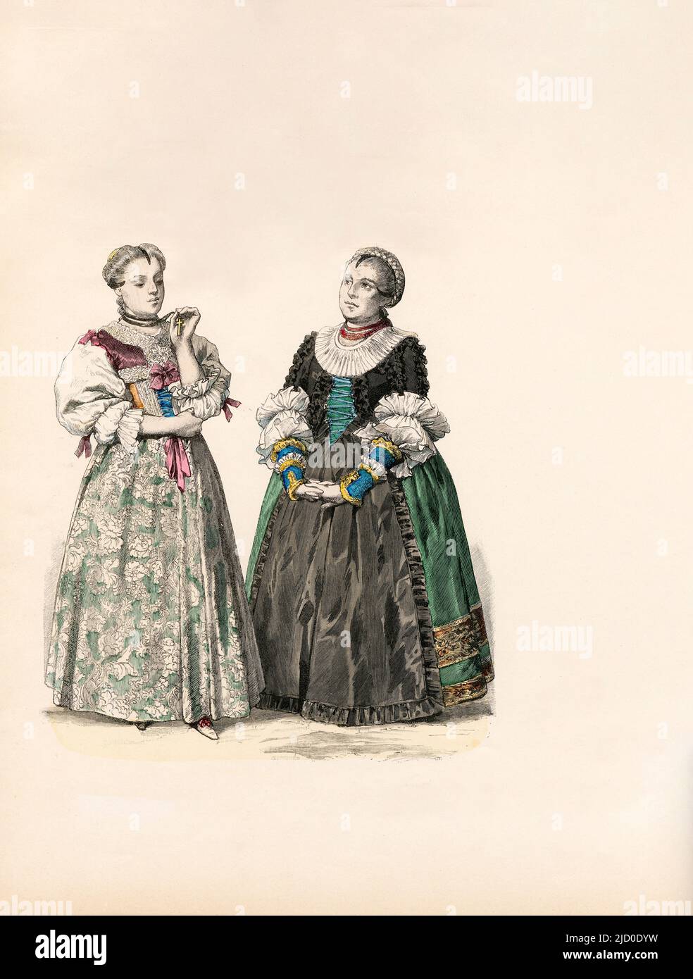German Middle Class, Girl and Woman from Augsburg, 1770-1790, Illustration, The History of Costume, Braun & Schneider, Munich, Germany, 1861-1880 Stock Photo