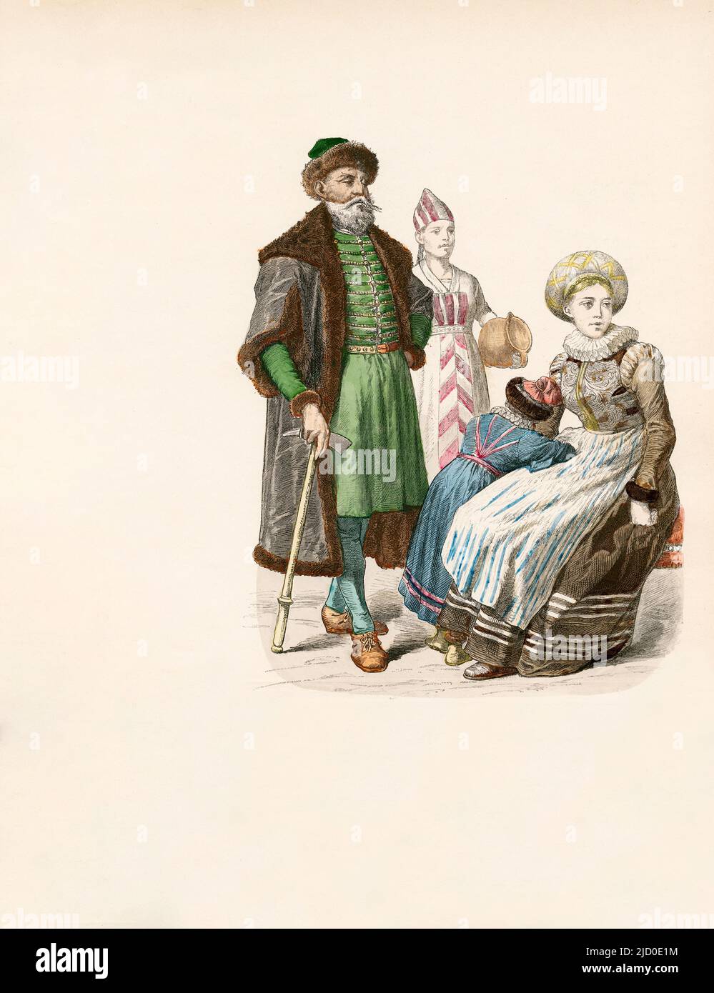 Gentleman and Wife, Countrywoman, Norway, First Third of the 17th Century, Illustration, The History of Costume, Braun & Schneider, Munich, Germany, 1861-1880 Stock Photo