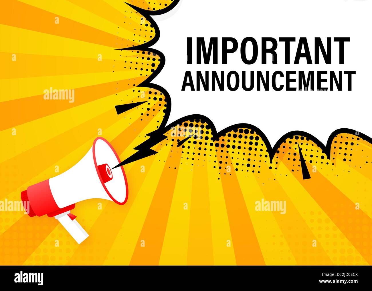 Megaphone with important announcement poster in flat style. Vector