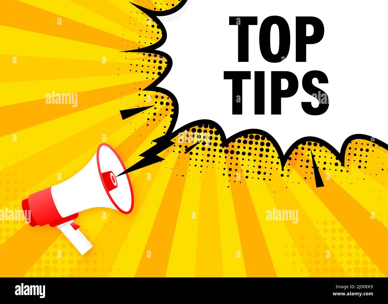 Top tips megaphone yellow banner in flat style. Vector illustration ...