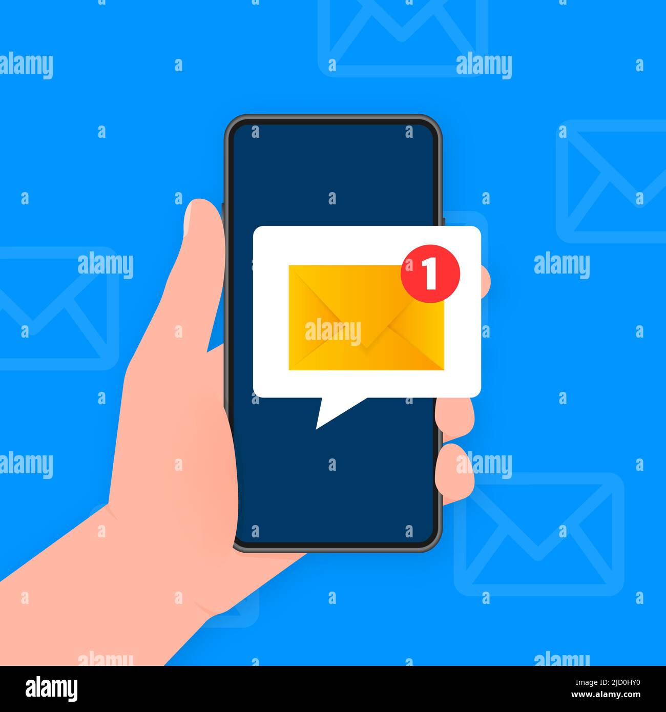 Hand holds phone with mail post new message on blue background. Vector ...