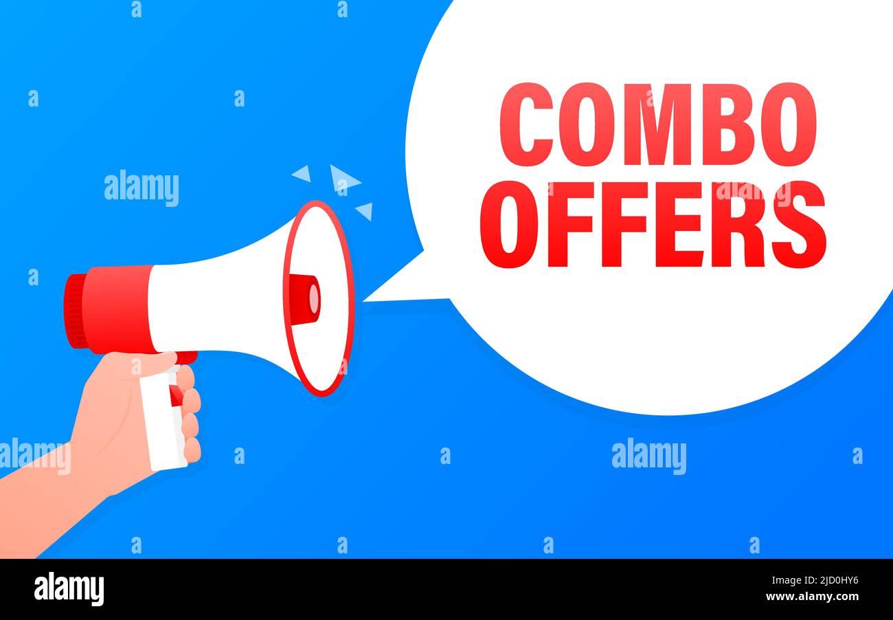 Combo offers megaphone blue banner in 3D style. Vector