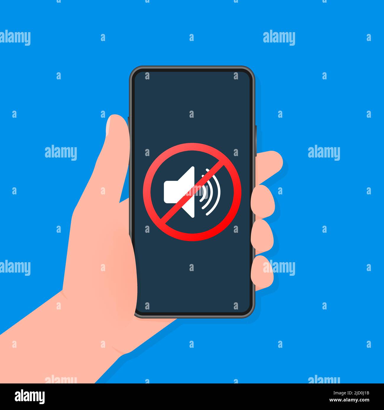 Hand holds phone with no sound sign on screen on darck background. Vector illustration. Stock Vector
