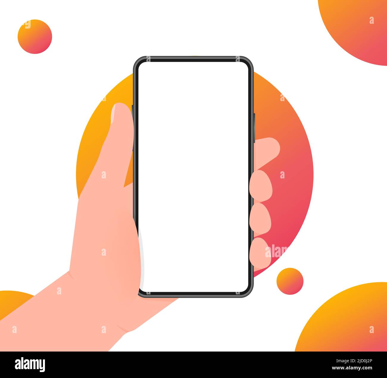 Hand holds phone with mock up screen. Phone on white background. Vector illustration. Stock Vector