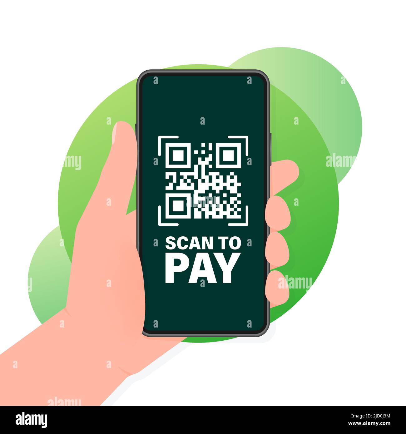 Hand holds phone with scan qr code to pay on screen. Phone on green background. Vector illustration. Stock Vector