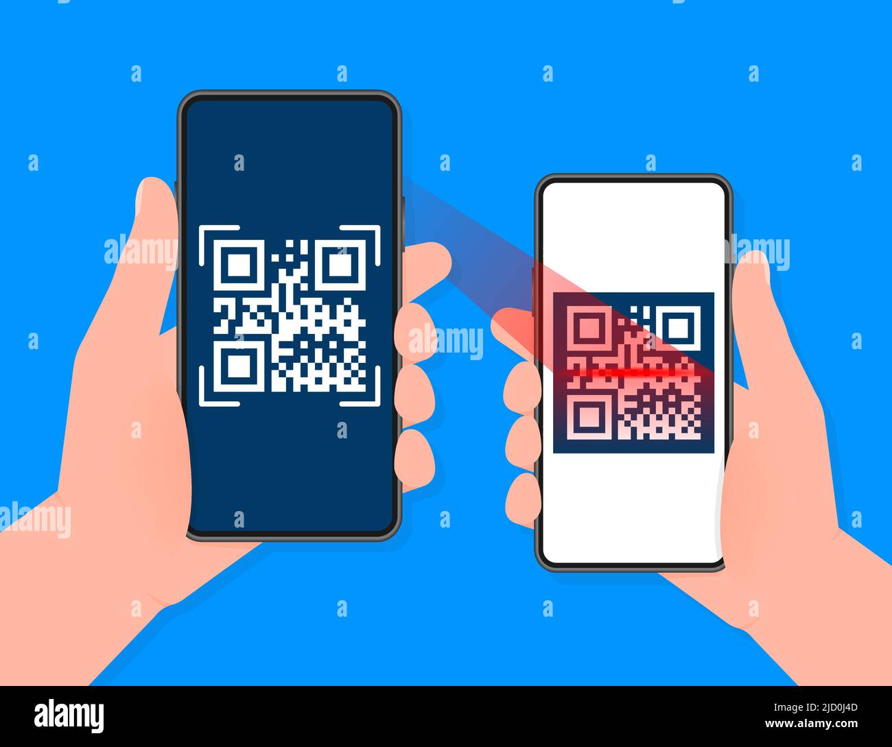 Hand holds phone with scan qr code to pay on screen. Phone on blue background. Vector illustration. Stock Vector