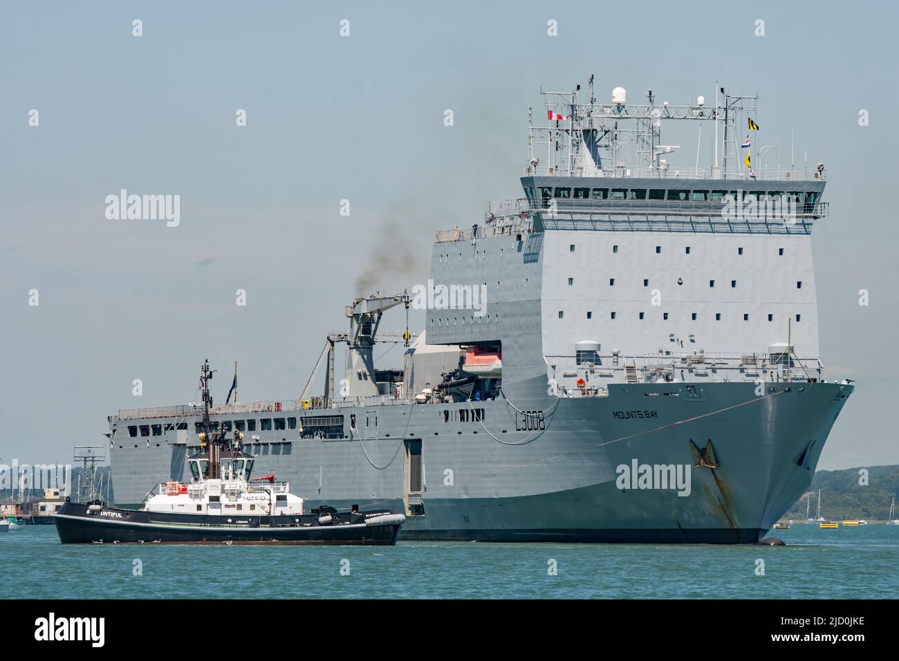 The Royal fleet Auxiliary landing ship dock (LSD(A) RFA Mounts Bay (L3008) making a rare visit to Portsmouth, UK on the 14th June 2022. Stock Photo