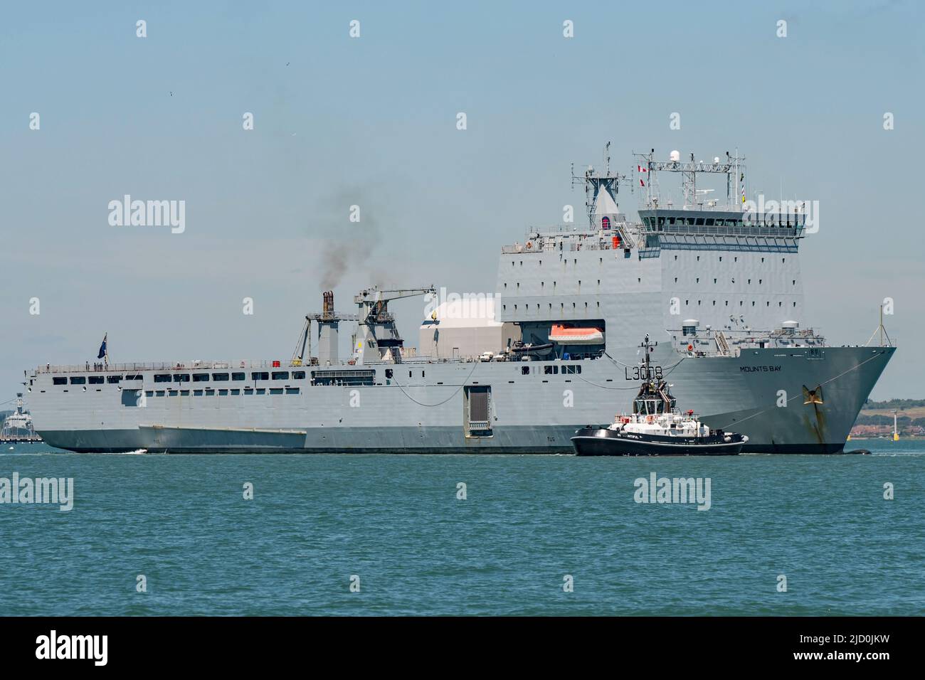 The Royal fleet Auxiliary landing ship dock (LSD(A) RFA Mounts Bay (L3008) making a rare visit to Portsmouth, UK on the 14th June 2022. Stock Photo