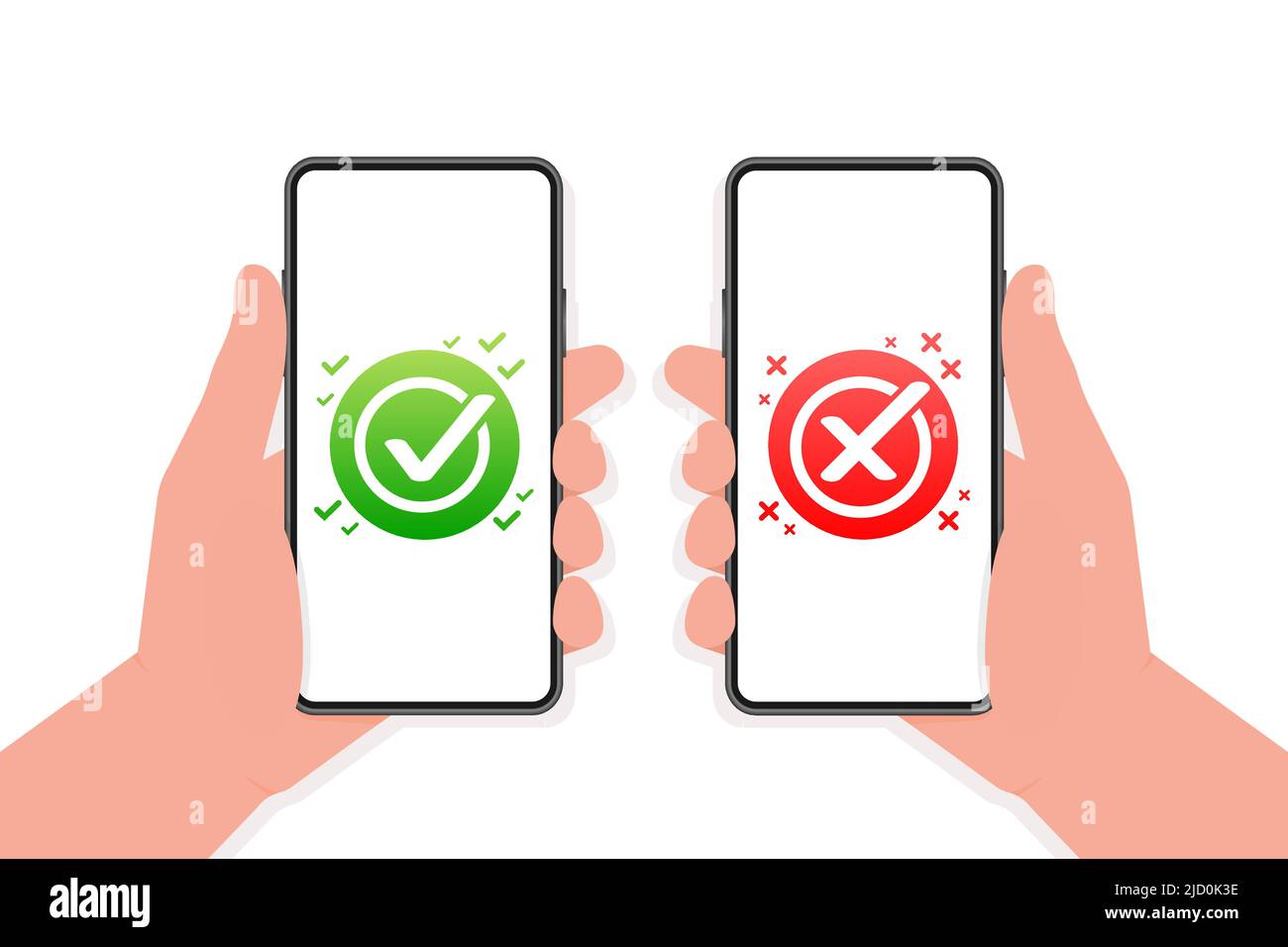Check mark button with yes and no on smartphone screens. Flat simple