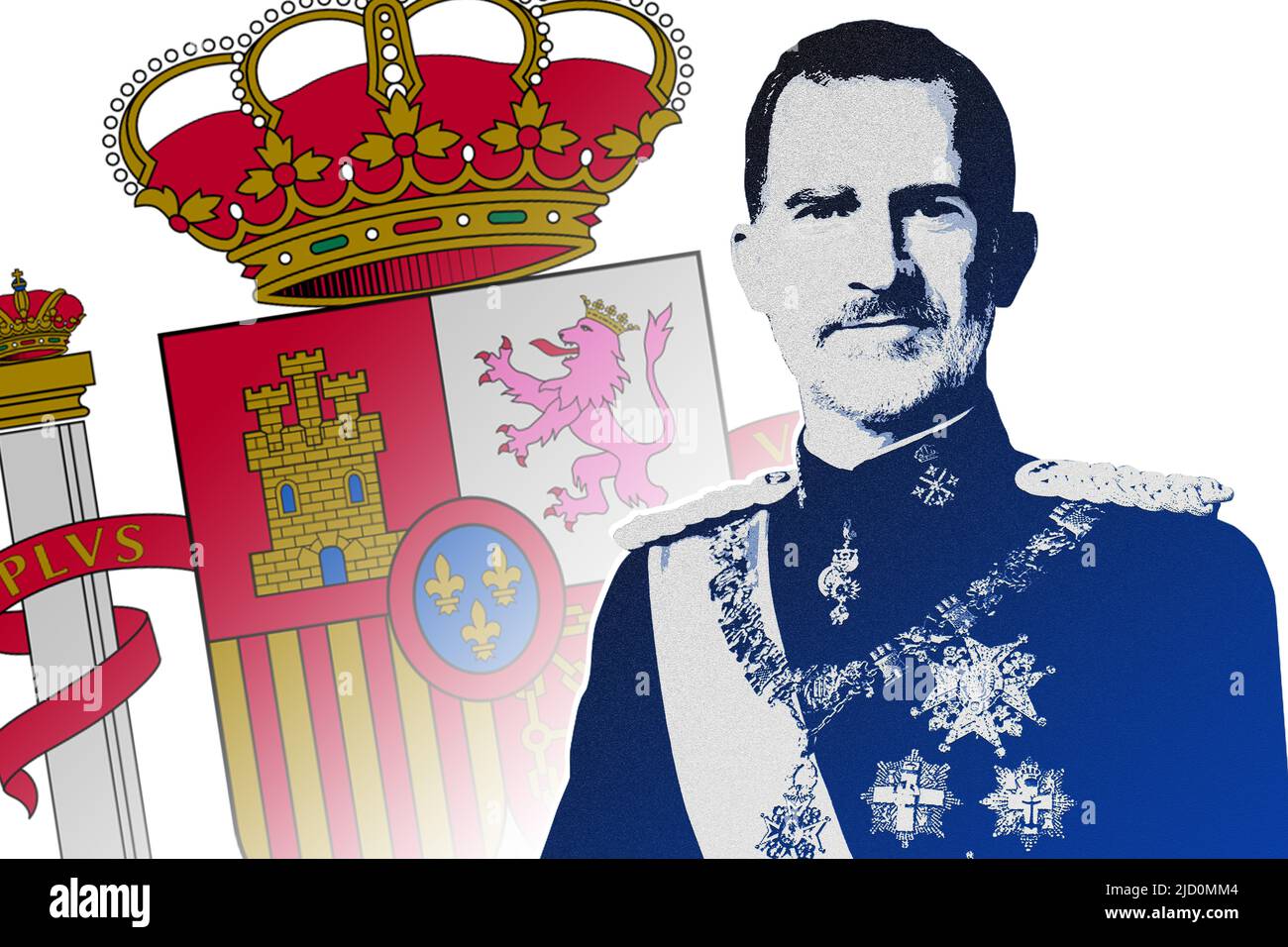 King Felipe VI of Spain, and coat of arms Stock Photo