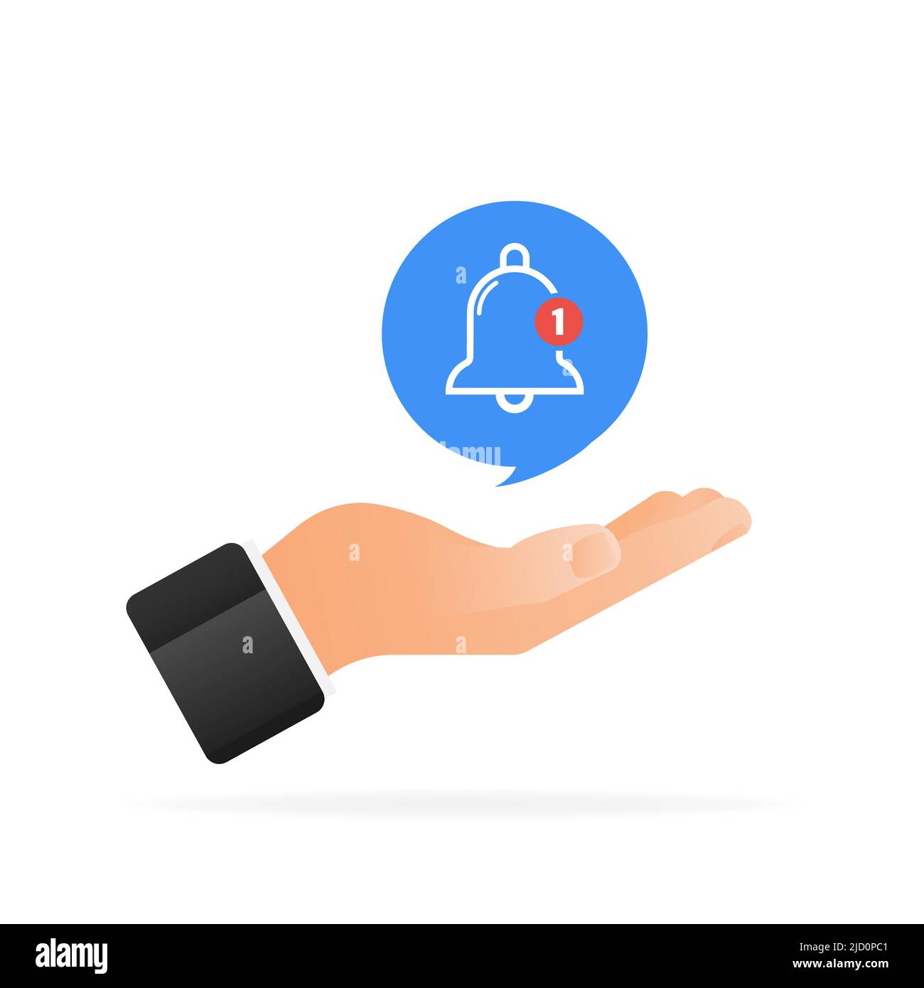 New notification bell icon with hand. Cartoon blue illustration. Flat ...