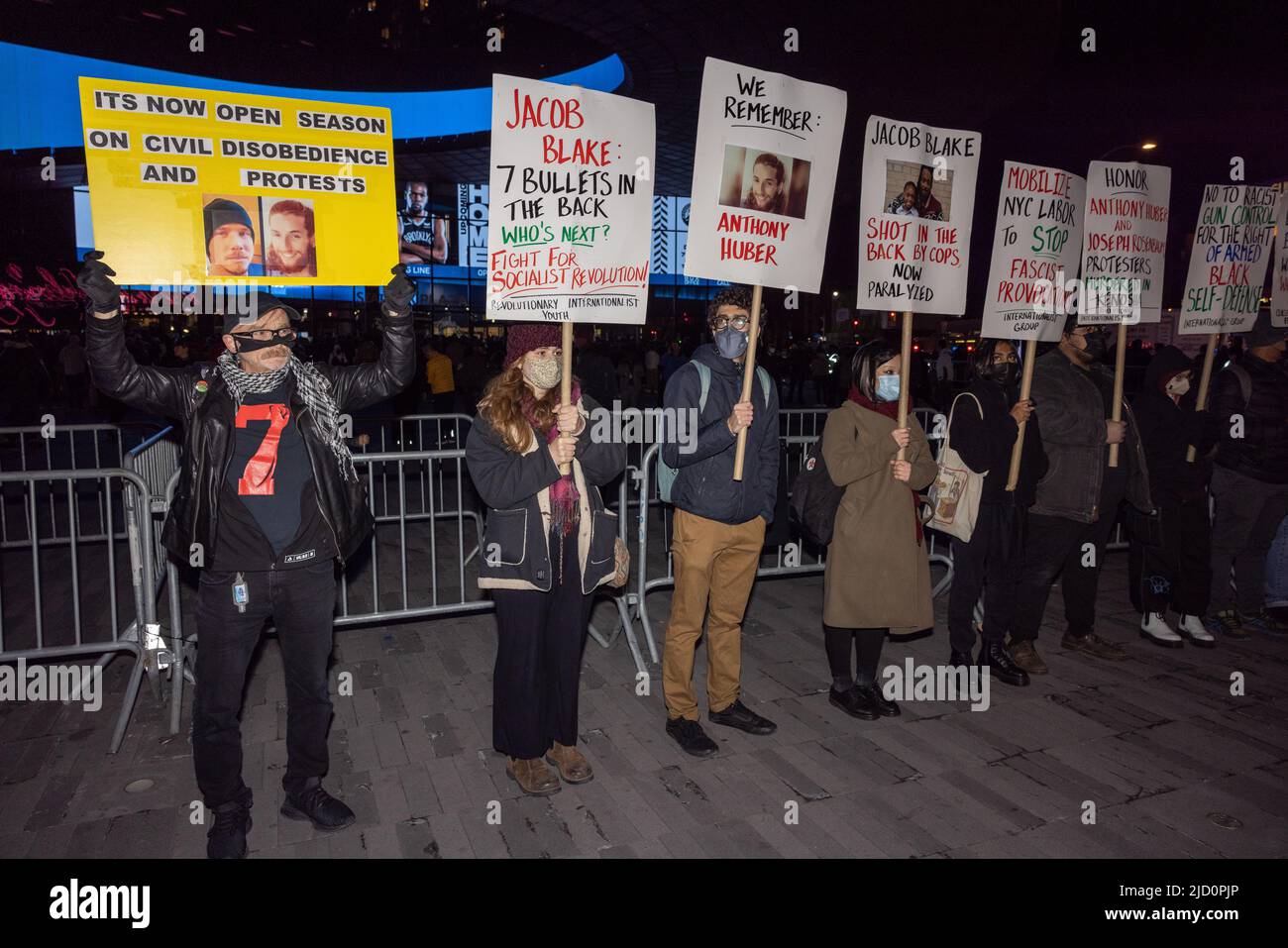 BROOKLYN, N.Y. – November 19, 2021: Demonstrators gather in Brooklyn to protest the verdict in the trial of Kyle Rittenhouse in Kenosha, Wisconsin. Stock Photo