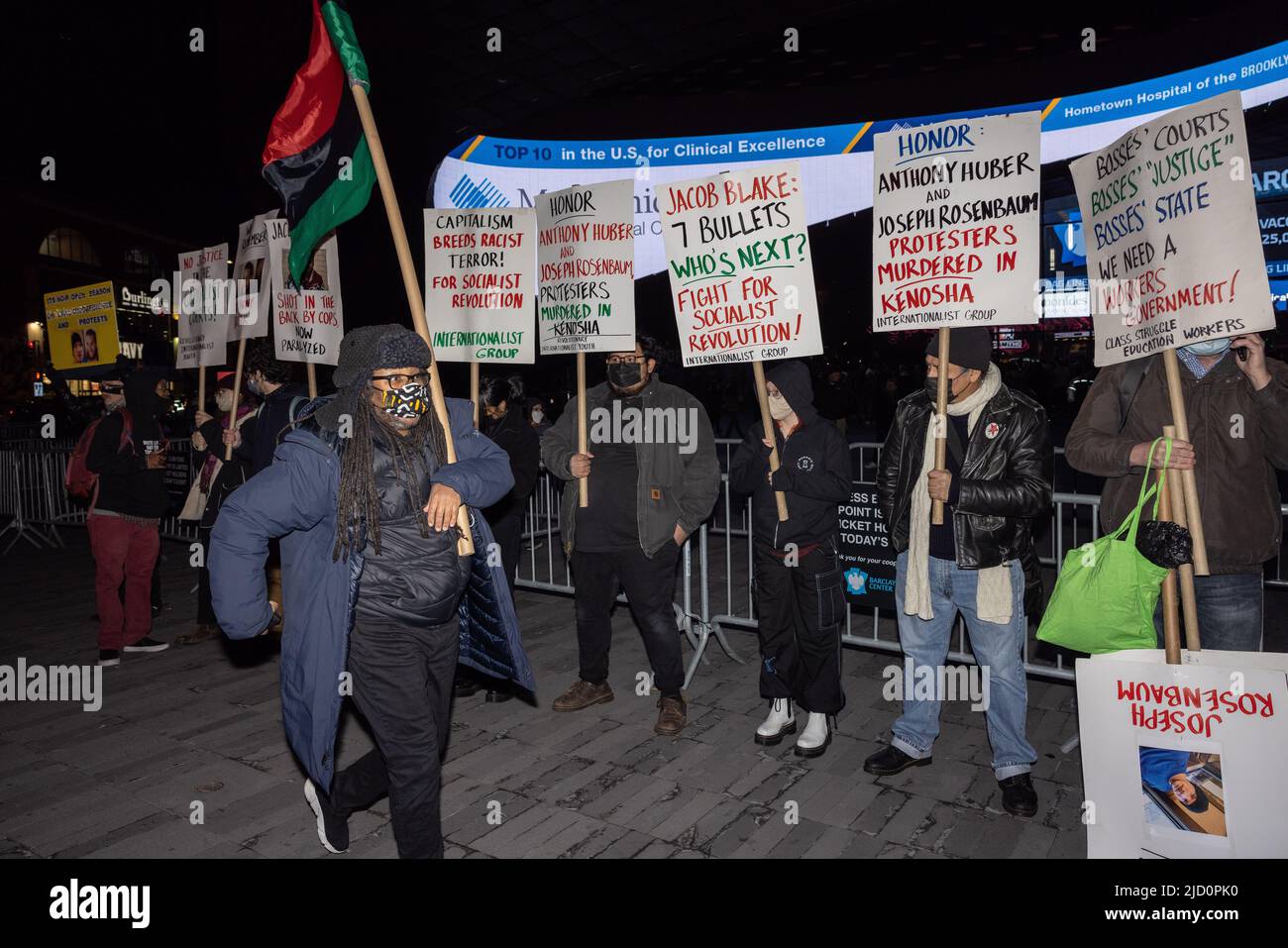 BROOKLYN, N.Y. – November 19, 2021: Demonstrators gather in Brooklyn to protest the verdict in the trial of Kyle Rittenhouse in Kenosha, Wisconsin. Stock Photo