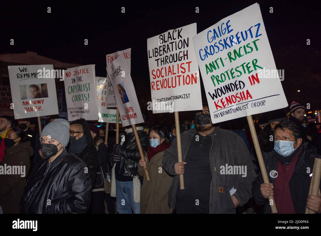 BROOKLYN, N.Y. – November 19, 2021: Demonstrators gather in Brooklyn to protest the verdict in the trial of Kyle Rittenhouse in Kenosha, Wisconsin. Stock Photo