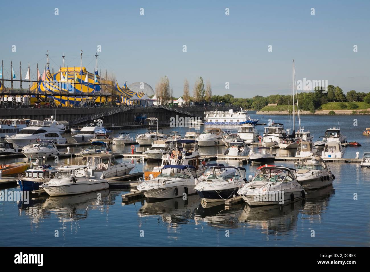 The Marina and Jacques Cartier Pier in Old Port of Montreal in summer, Quebec, Canada. Stock Photo