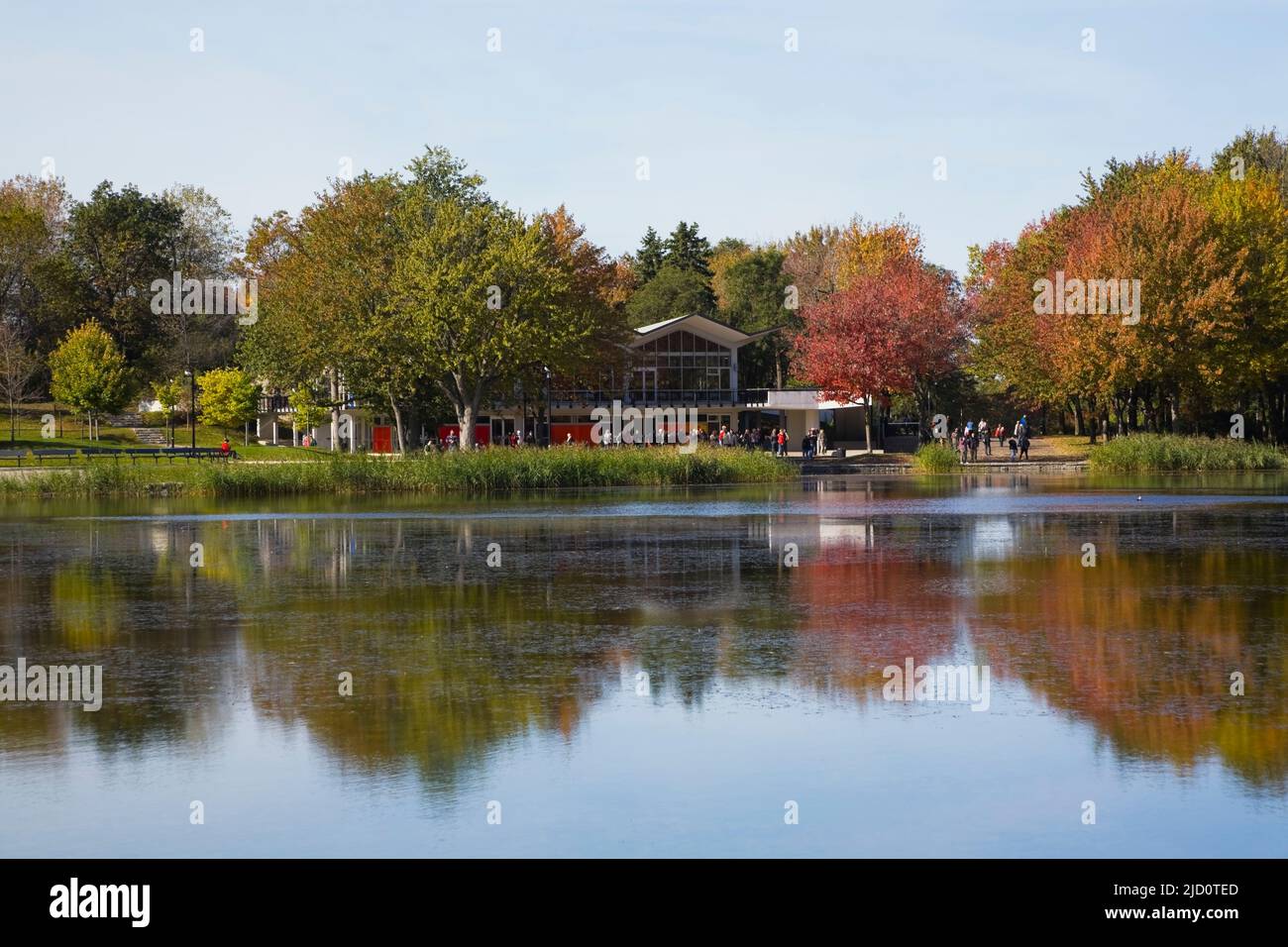 Lac des Castors or Beaver Lake and chalet on MontRoyal in Autumn, Montreal, Quebec, Canada
