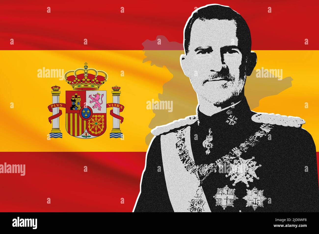 King Felipe VI, flag of Spain and silhouette of the country Stock Photo