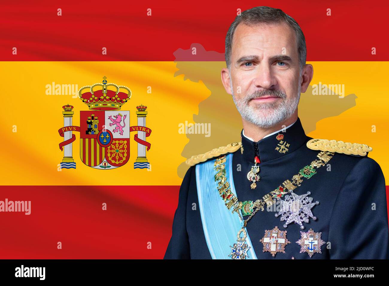 King Felipe VI, flag of Spain and silhouette of the country Stock Photo