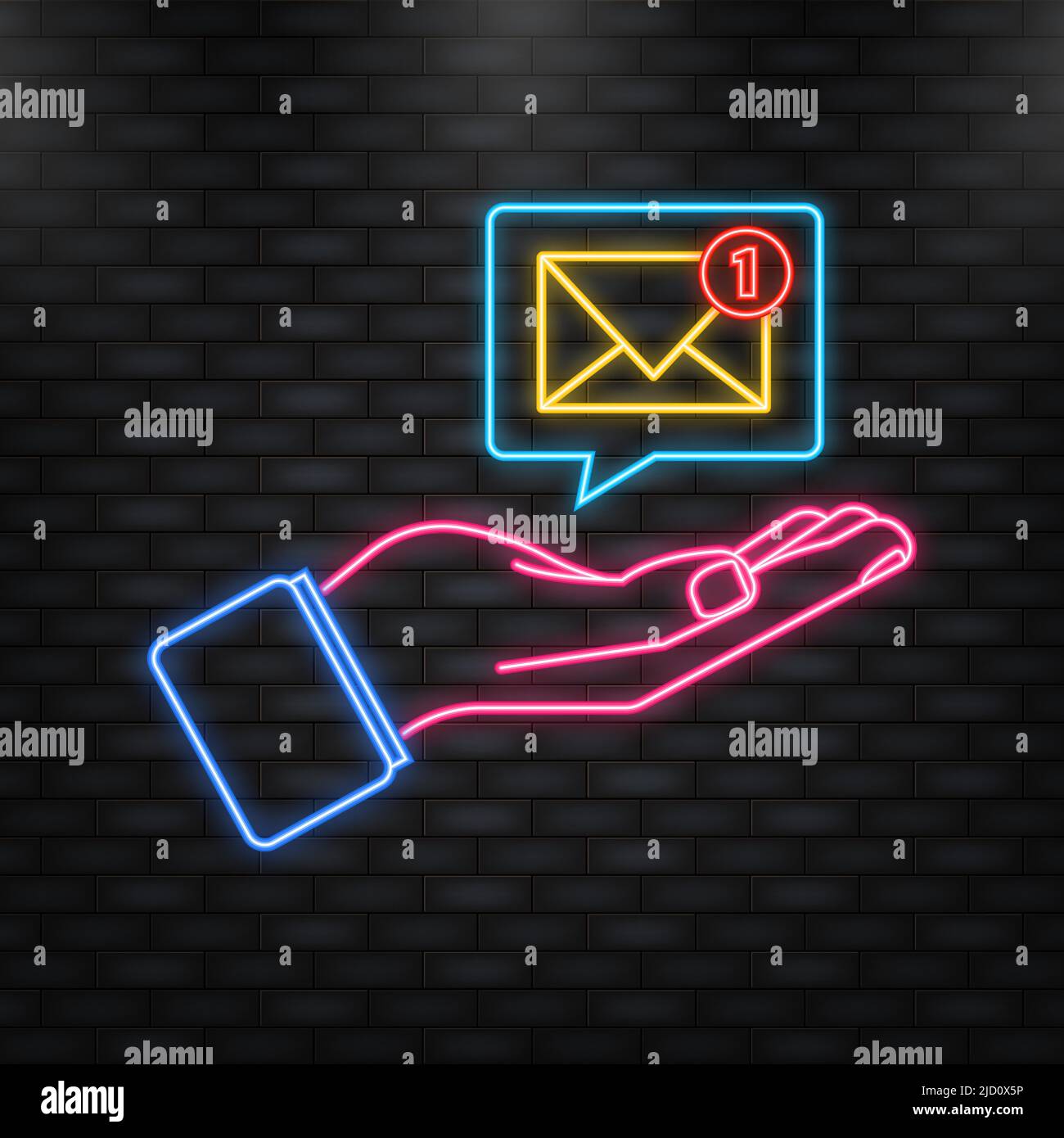 Neon Icon. Message new in hand in flat style. Smartphone icon. Flat illustration for mobile app design. Alert message. Stock Vector