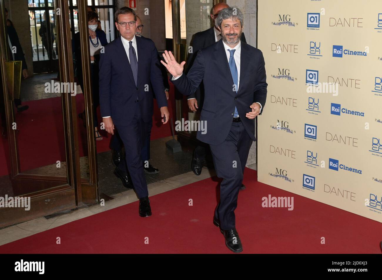 Rome, Italy. 16th June, 2022. President of the Cahmber of Deputies Roberto Fico (R) attends the red carpet of the premiere of the movie Dante at the Auditorium della Conciliazione. Credit: SOPA Images Limited/Alamy Live News Stock Photo