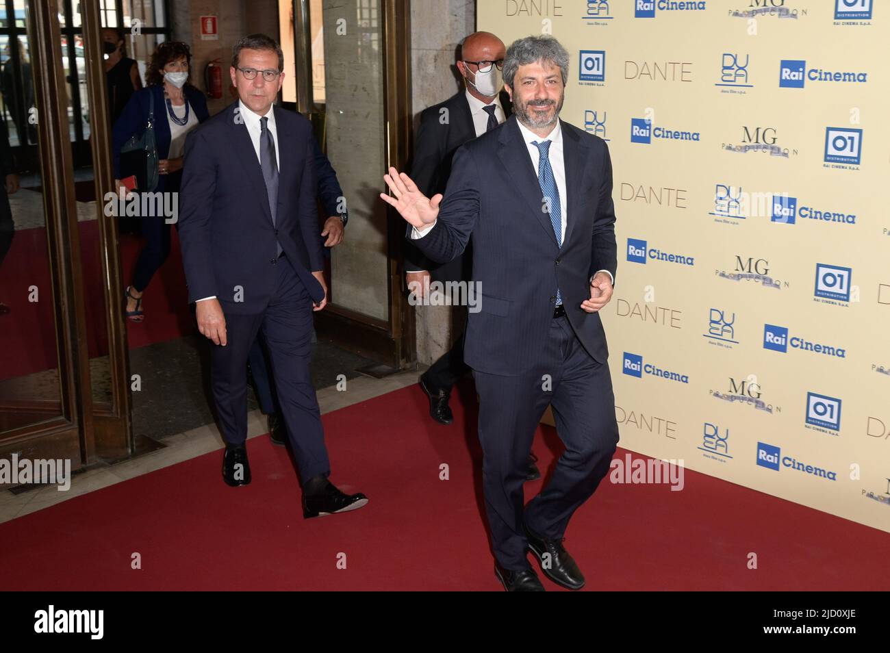 Rome, Italy. 16th June, 2022. President of the Cahmber of Deputies Roberto Fico (R) attends the red carpet of the premiere of the movie Dante at the Auditorium della Conciliazione. Credit: SOPA Images Limited/Alamy Live News Stock Photo