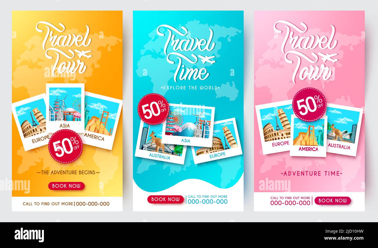 Travel promo vector poster set design. Travel tour text with package