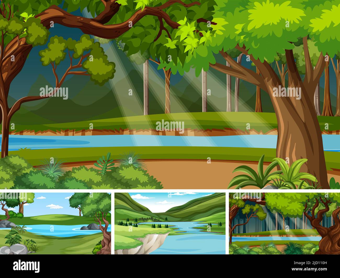 Nature scene with many trees and river illustration Stock Vector Image ...