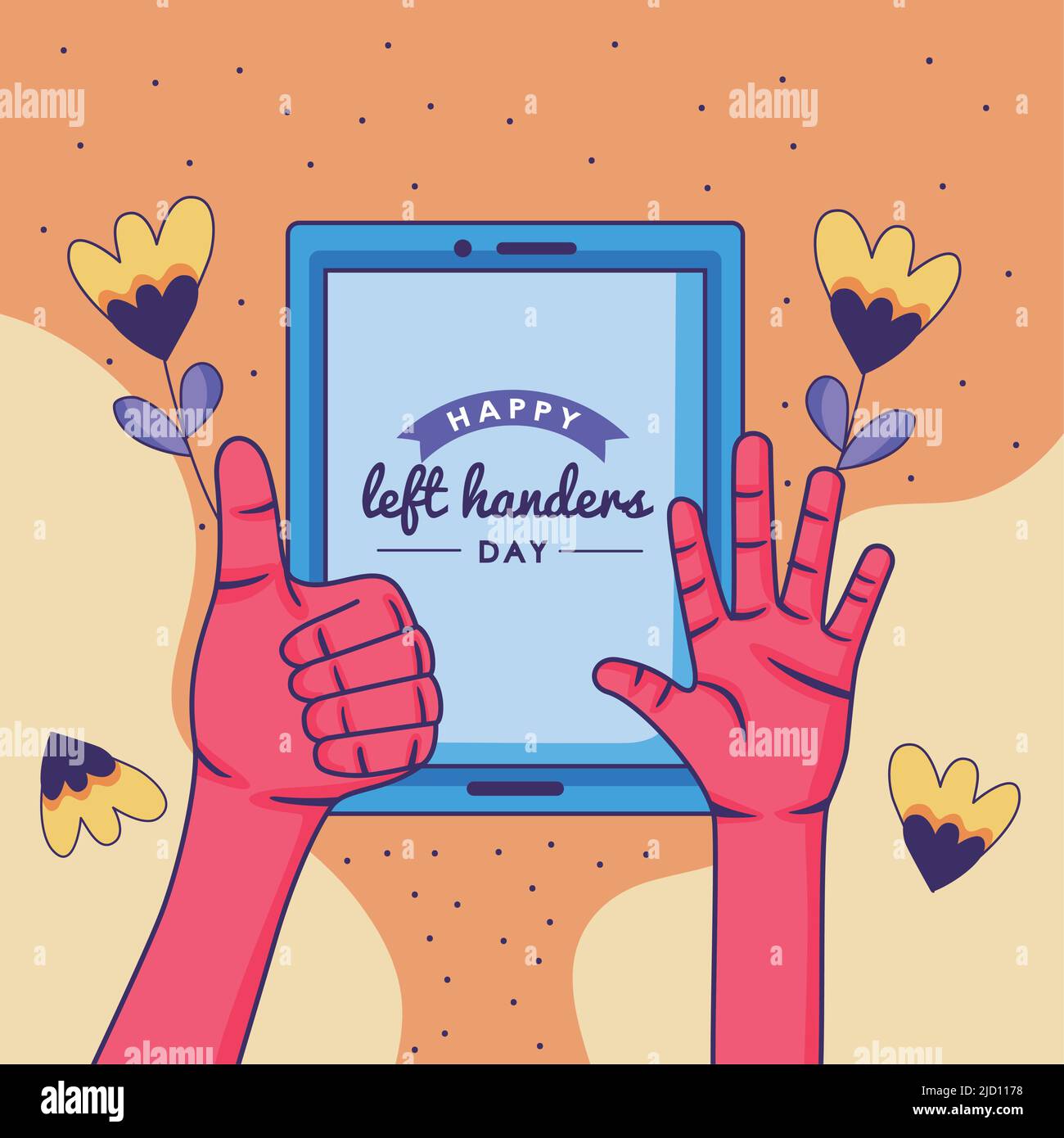 left handers day lettering with tablet Stock Vector